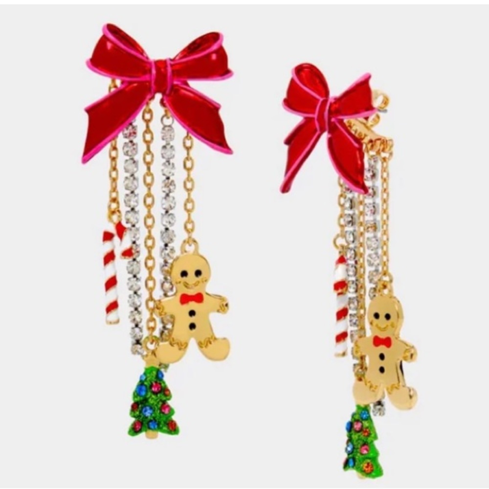 🎄 Betsey Johnson Bow Christmas Tree Candy Cane Gingerbread Fringe Back Earrings